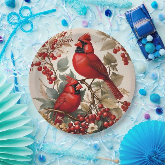 Zwei Rote Kardinal - Vögel und Beeren Pappteller (Party)