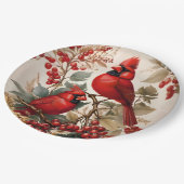 Zwei Rote Kardinal - Vögel und Beeren Pappteller (Schrägansicht)