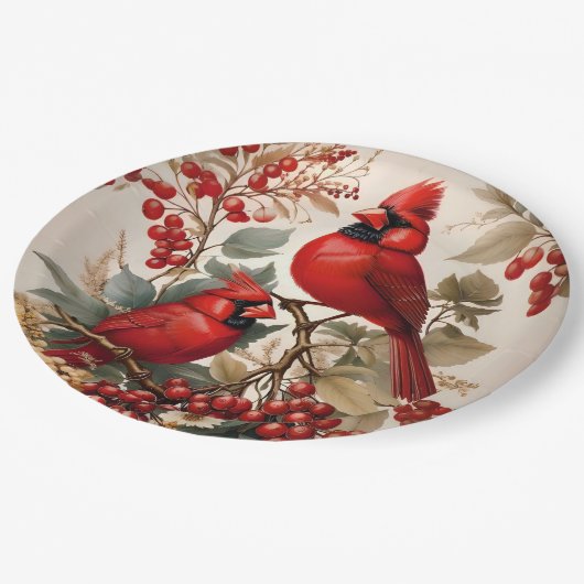 Zwei Rote Kardinal - Vögel und Beeren Pappteller (Schrägansicht)