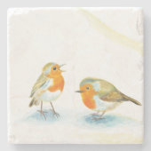 Zwei rote Robins im Winter Steinuntersetzer (Vorderseite)