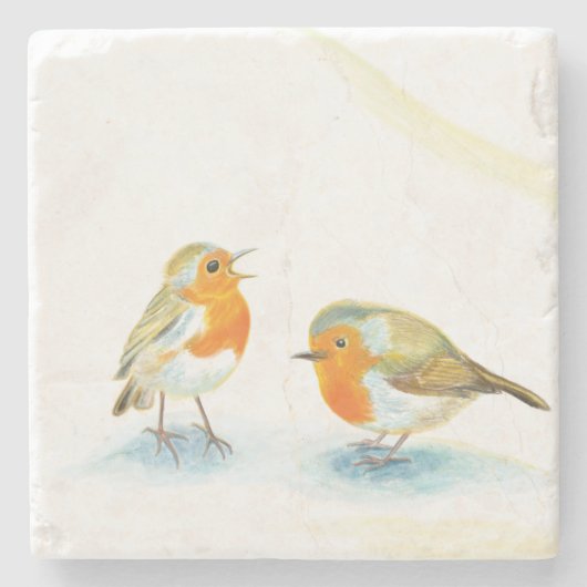 Zwei rote Robins im Winter Steinuntersetzer (Vorderseite)