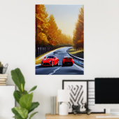 Zwei rote Sportwagen auf der Straße | AI Art Poste Poster (Heimbüro)