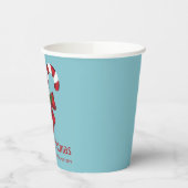 Zwei rote und weiße Süßigkeiten auf blau mit Text Pappbecher (Links)