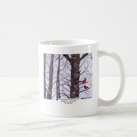 Zwei rote Vögel im Winter Kaffeetasse (Rechts)