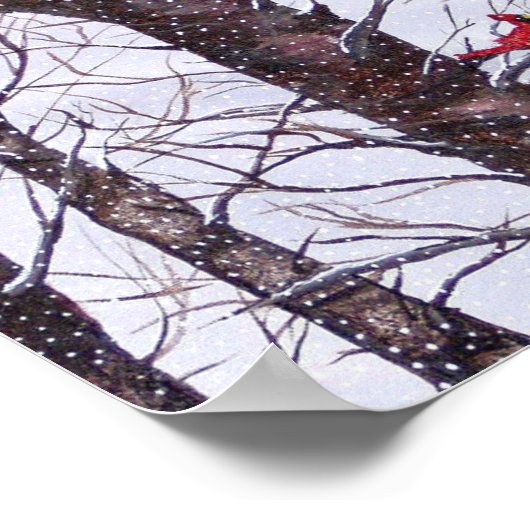 Zwei rote Vögel im Winter Poster (Ecke)