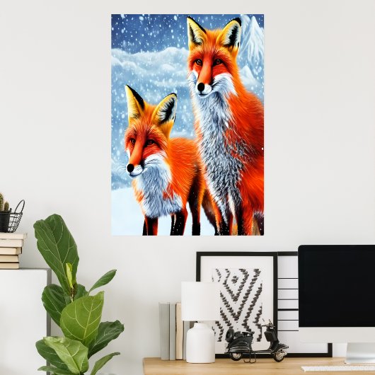 Zwei roter Fuchs im Schnee | AI Art Poster (Heimbüro)