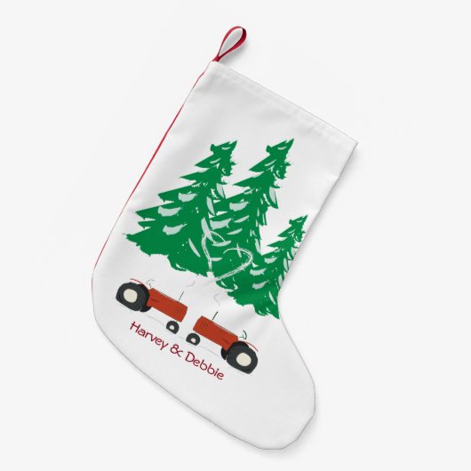 Zwei roter Traktor-WeihnachtsStrumpf Kleiner Weihnachtsstrumpf (Vorderansicht (hängend))