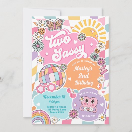 Zwei Sassy Groovy Retro Preppy Varsity Birthday Einladung (Vorderseite)