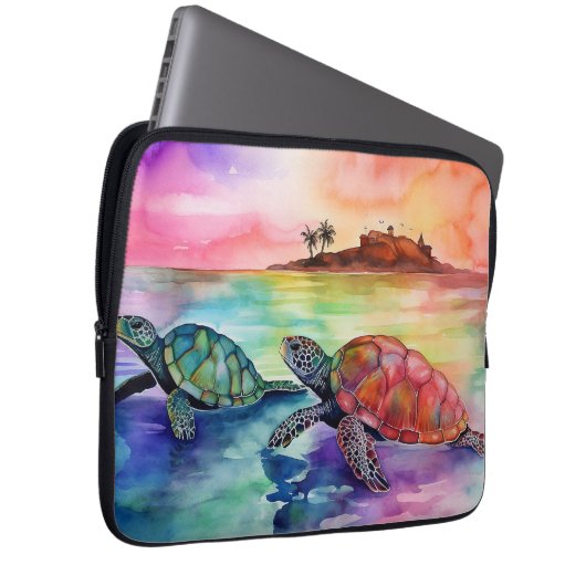 Zwei Schildkröten am Ufer eines tropischen Paradie Laptopschutzhülle (Vorne Rechts)