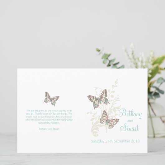 Zwei Schmetterlinge aquamarines Hochzeitsprogramm (Stehend Vorderseite)