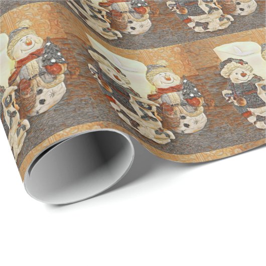 Zwei Schneemänner und Kerze - Rot, Rusty Geschenkpapier (Rolleneckpunkt)