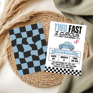 Zwei schnell 2 neugierig Blaues Vintage-Auto Gebur Einladung