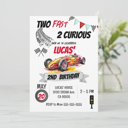 Zwei Schnell 2 Neugierige Red Race Car 2. Geburtst Einladung (Stehend Vorderseite)