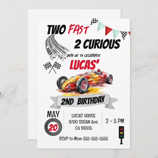 Zwei Schnell 2 Neugierige Red Race Car 2. Geburtst Einladung (Vorne/Hinten)