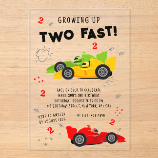 Zwei schnelle 2. Geburtstagskinder Racing Cars Acryleinladungen