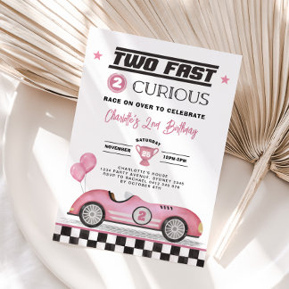 Zwei schnelle 2 Neugierige Pink Vintage Car Girl G Einladung