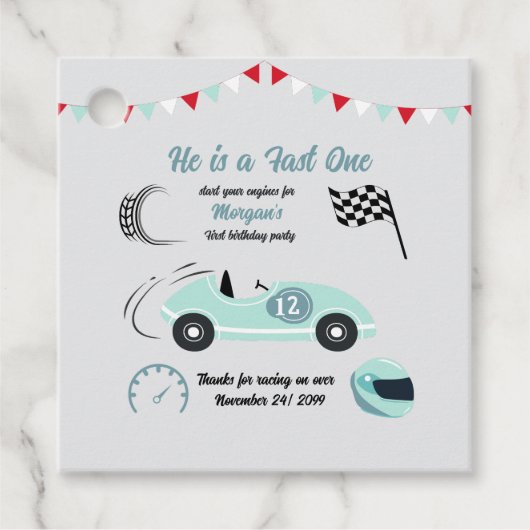 Zwei schnelle festliche blaue Rennwagen zum Geburt Geschenkanhänger (Vorderseite)