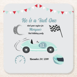 Zwei schnelle festliche blaue Rennwagen zum Geburt Rechteckiger Pappuntersetzer