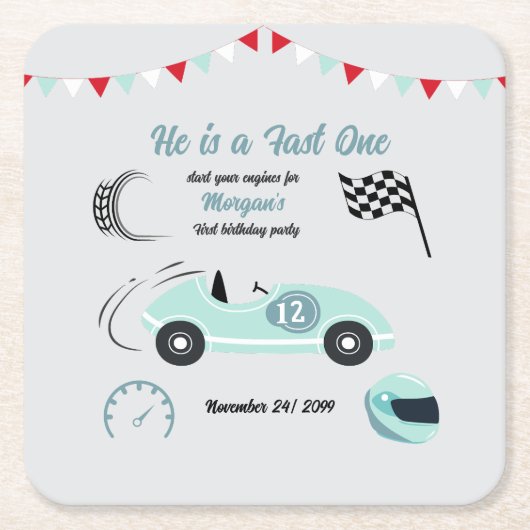 Zwei schnelle festliche blaue Rennwagen zum Geburt Rechteckiger Pappuntersetzer (Vorderseite)