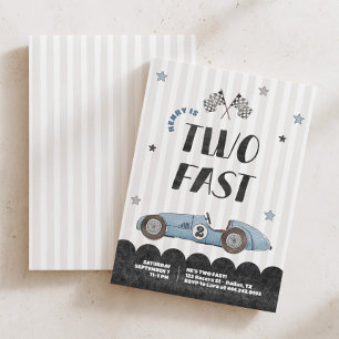 Zwei schnelle Jungen Wasserfarbe Blau Rennwagen 2. Einladung