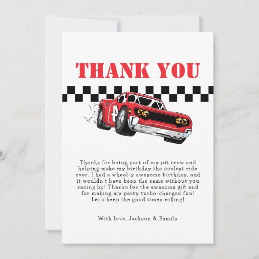 Zwei schnelle moderne Red Race Car Boy 2. Geburtst Dankeskarte (Vorderseite)