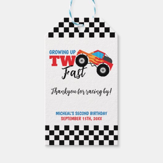 Zwei schnelle Monster Lkw 2 Geburtstag Danke Geschenkanhänger (Vorderseite)