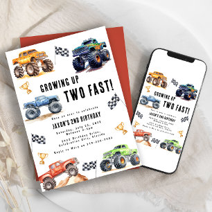 Zwei schnelle Monster Trucks 2. Geburtstag Party Einladung