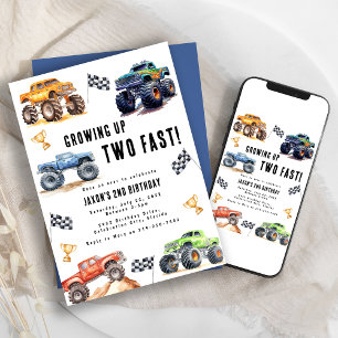 Zwei schnelle Monstertrucks 2. Geburtstagsfeier Einladung