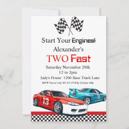 Zwei schnelle Red Race Car Geburtstag Einladung