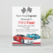 Zwei schnelle Red Race Car Geburtstag Einladung (Stehend Vorderseite)
