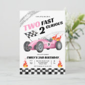 Zwei schnelle Rennen rosa Auto 2. Mädchen Geburtst Einladung (Stehend Vorderseite)