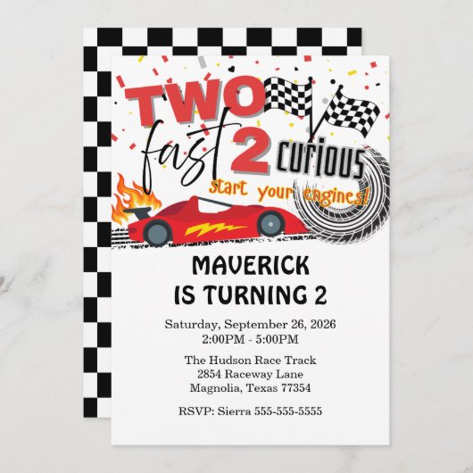 Zwei schnelle Rennwagen Red Geburtstag Einladung (Vorne/Hinten)