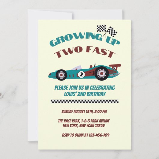Zwei schnelle Retro-Rennwagen am zweiten Geburtsta Einladung (Vorderseite)