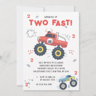 Zwei schnelle rote Monster-Trucks zum 2. Geburtsta Einladung