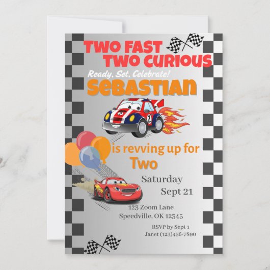 Zwei schnelle zwei kuriose Rennwagen zum Geburtsta Einladung (Vorderseite)