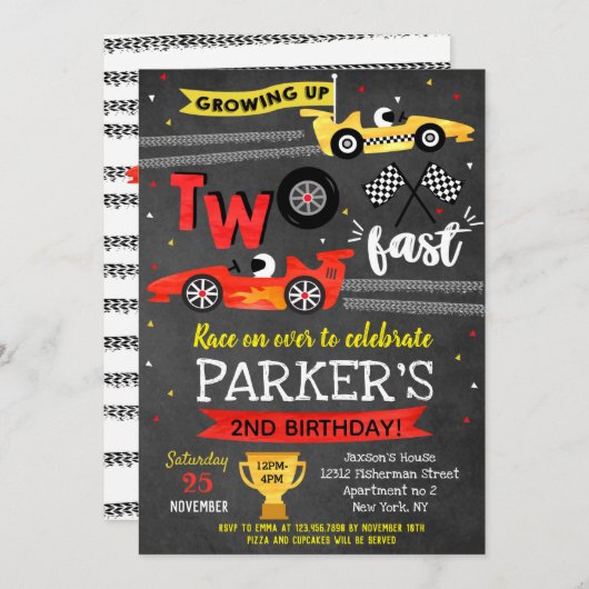 Zwei Schnellrennen Auto Racing 2. Geburtstag Einla Einladung (Vorne/Hinten)