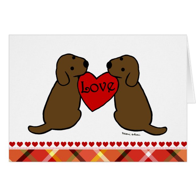 Zwei Schokolade Labradors mit Liebe-CartoonTartan (Vorderseite (Horizontal))