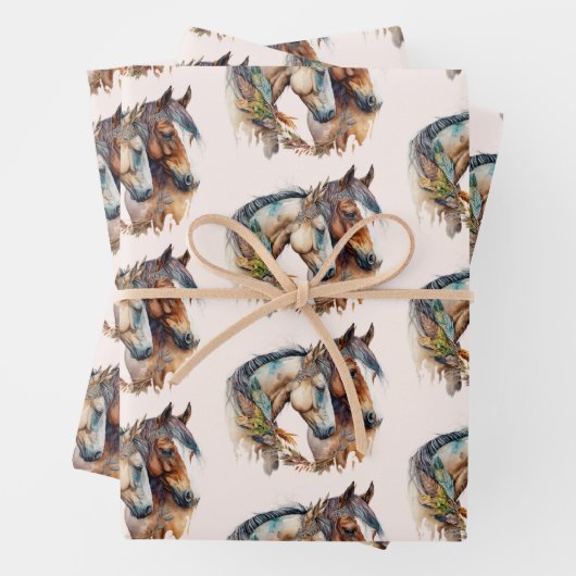 Zwei schöne Pferde Western Boho Pattern Geschenkpapier Set (Beispiel)