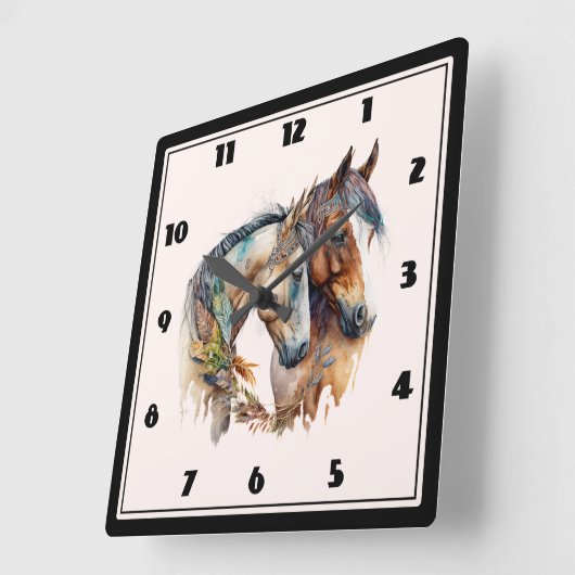 Zwei schöne Pferde Western Boho Quadratische Wanduhr (Winkel)
