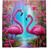 Zwei schöne rosa Flamingos in Liebe Grafik Duschvorhang (Vorderseite)