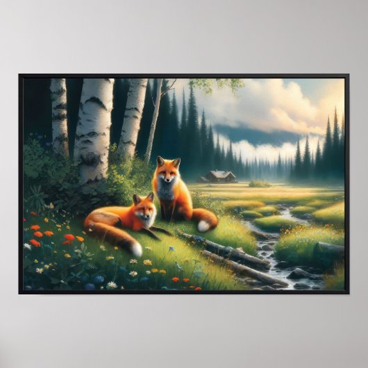 Zwei schöne rote Füchse ruhen sich aus Poster (Vorne)