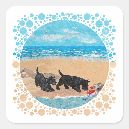 Zwei Schotten am Strand Quadratischer Aufkleber (Vorderseite)
