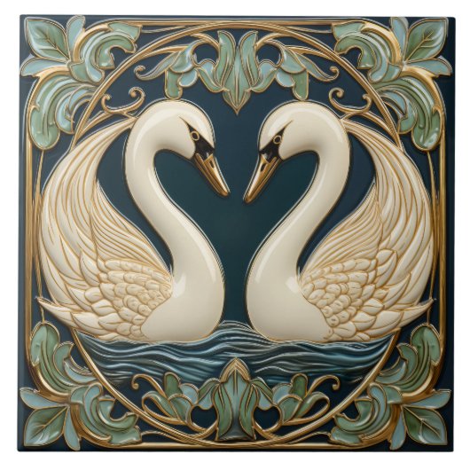 Zwei Schwäne am See Jugendstil Inspirierte Wohnges Fliese (Vorderseite)