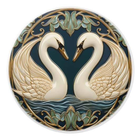 Zwei Schwäne am See Jugendstil Inspirierte Wohnges Keramikknauf (Vorderseite)