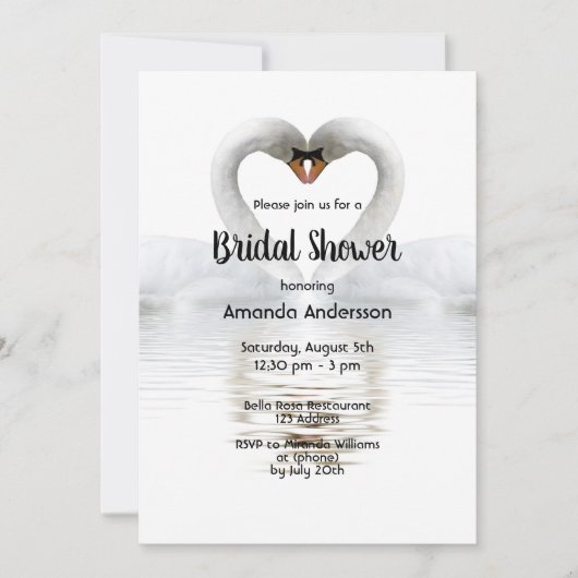 Zwei Schwäne in Liebe, weiße Brautdusche Einladung (Vorderseite)