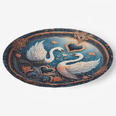 Zwei Schwäne mit Blumendesign und Zierdesign Pappteller (Schrägansicht)