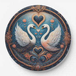 Zwei Schwäne mit Blumendesign und Zierdesign Pappteller