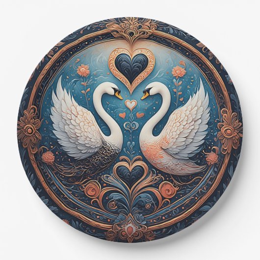 Zwei Schwäne mit Blumendesign und Zierdesign Pappteller (Vorderseite)