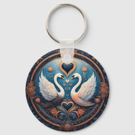 Zwei Schwäne mit Blumendesign und Zierdesign Schlüsselanhänger
