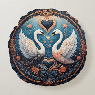 Zwei Schwäne mit floralem und ornamentalen Design Rundes Kissen